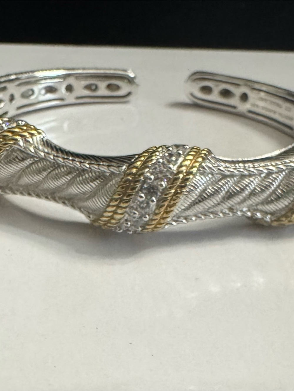 Judith Ripka 925 Silver Braided Cuff Bracelet w/Gold Texture Trim & Diamonique - Picture 2 of 13